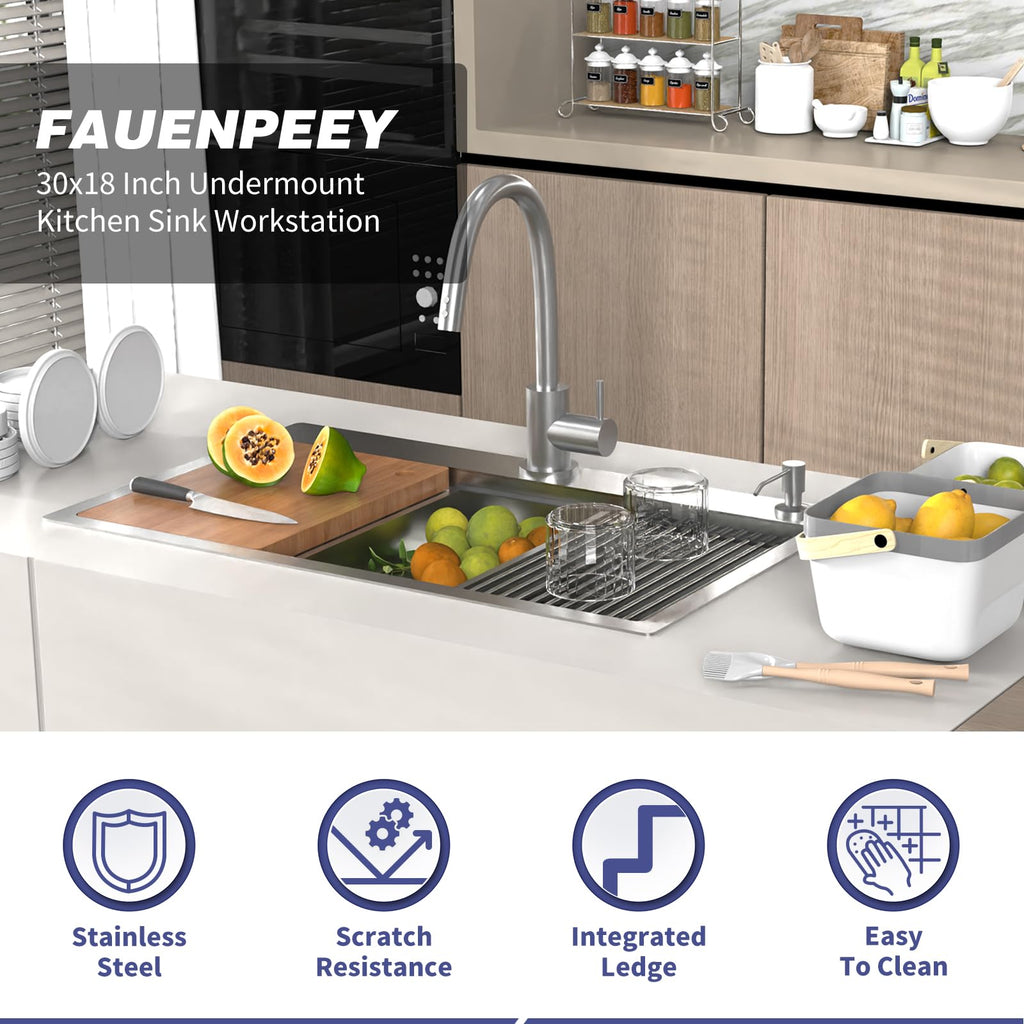 30x18In Stainless Steel Kitchen Sink Workstation, Drop-In, Single Bowl