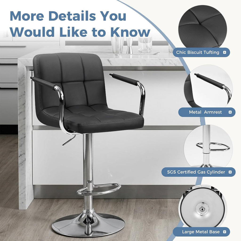 Swivel Bar Stools Set of 4, PU Leather Upholstered Bar Chairs with Back & Armrests, Adjustable Counter Height Stools