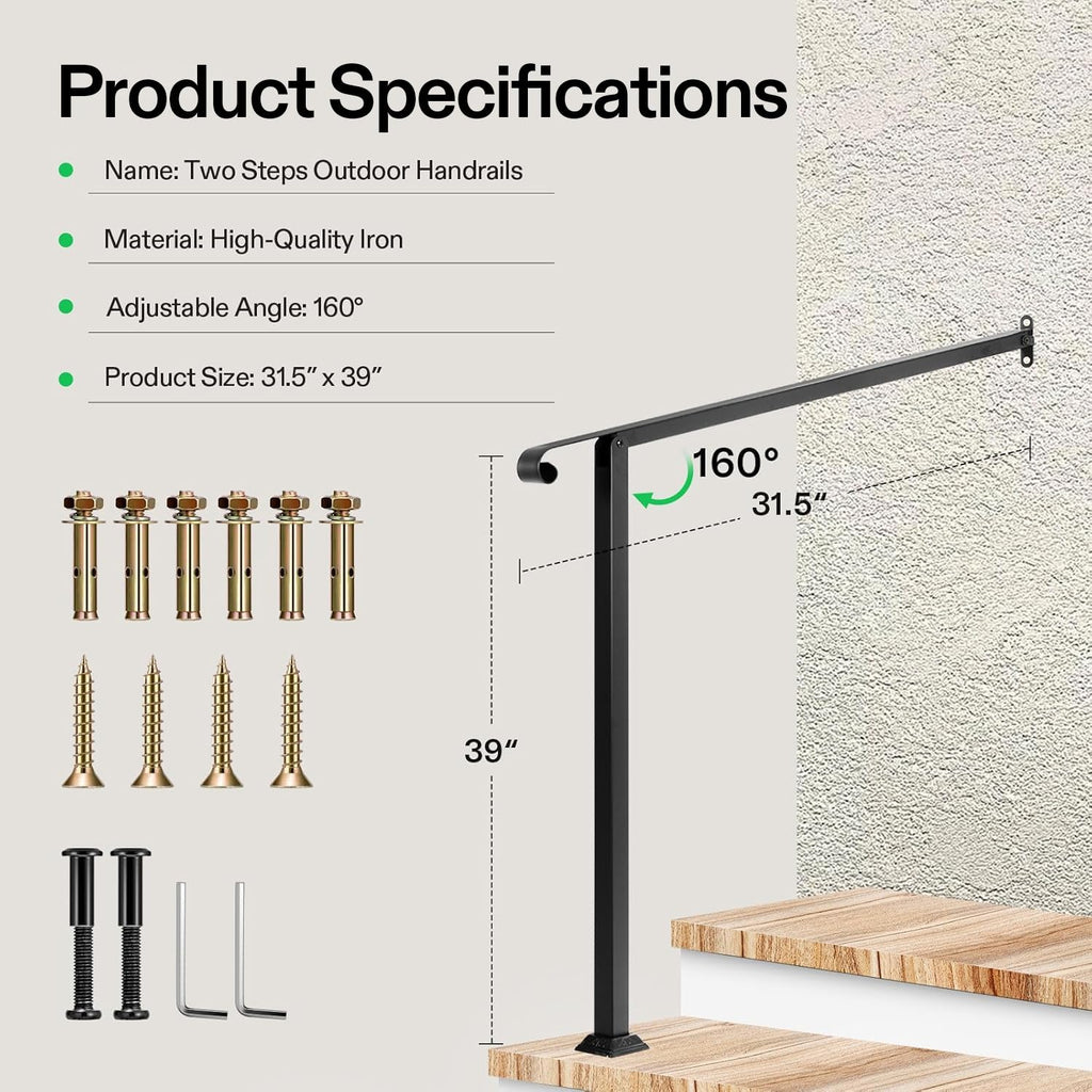 2-Step Stair Handrail 32"x39" Wrought Iron with 1 Curved End Black