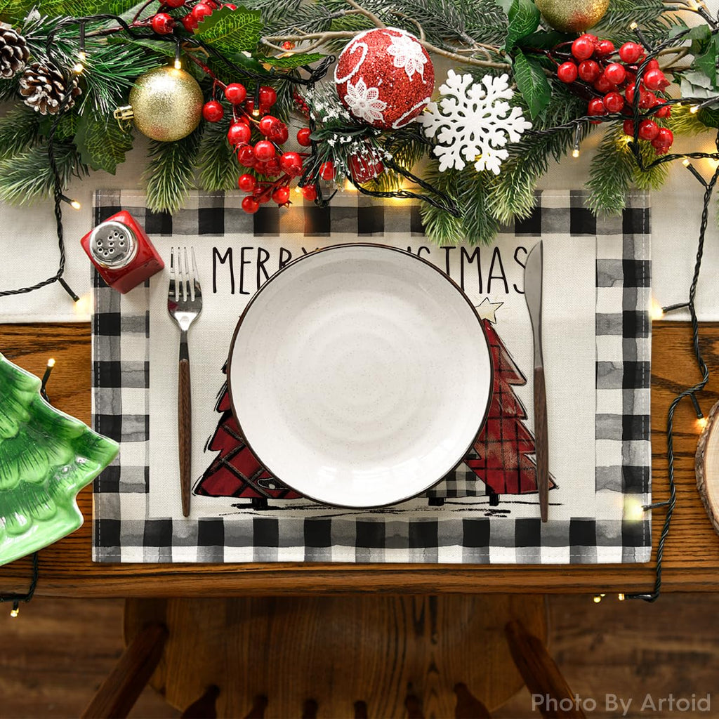 Waterclor Buffalo Plaid Christmas Trees Placemats Set of 8, 12x18 Inch Winter Table Mats for Outdoor Home Party