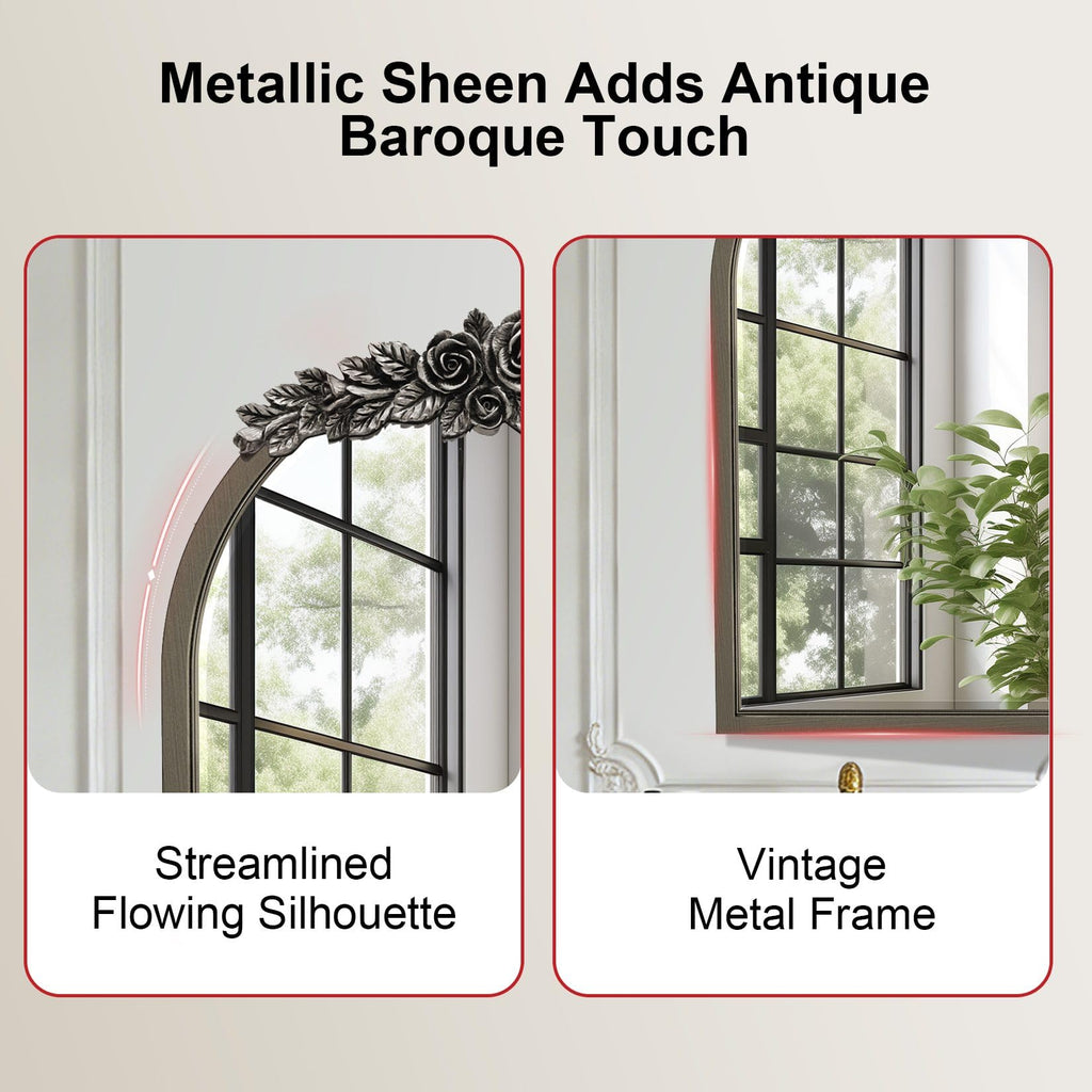 Baroque Mirror Medicine Cabinet: Arch Frame Rose-top, Chrome Grey