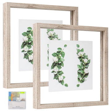 10x10 Floating Frame Distressed Beige White Wood Pattern, Double Glass Square Picture Frame Display Any Size Photo up
