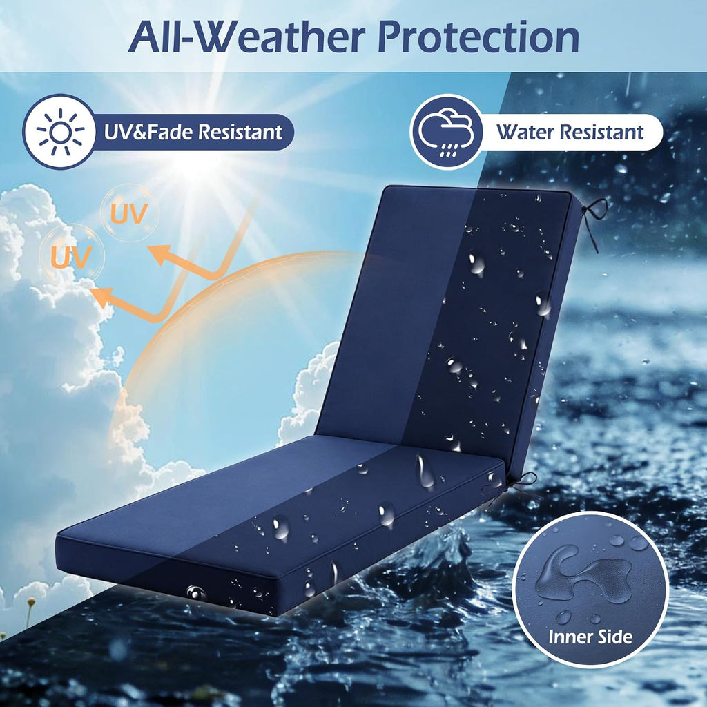 Chaise Lounge Cushions Outdoor, 72"x21"x3", Navy Blue | Waterproof, Fade Resistant, For Pool Beach Patio Hotel