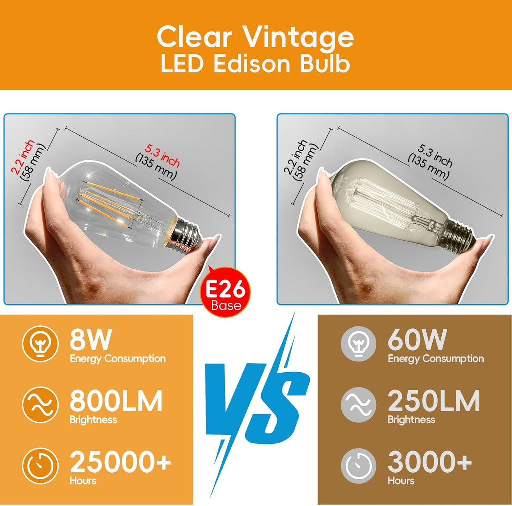 Edison Bulbs E26 LED Bulb 60 Watt Equivalent, Vintage LED Light Bulbs CRI90+ ST19, Dimmable Clear Light Bulbs (2700K