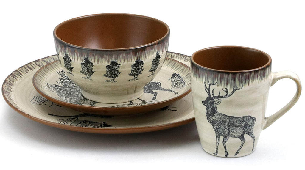 Majestic Elk 16 Piece Round Stoneware Dinnerware Set in Taupe