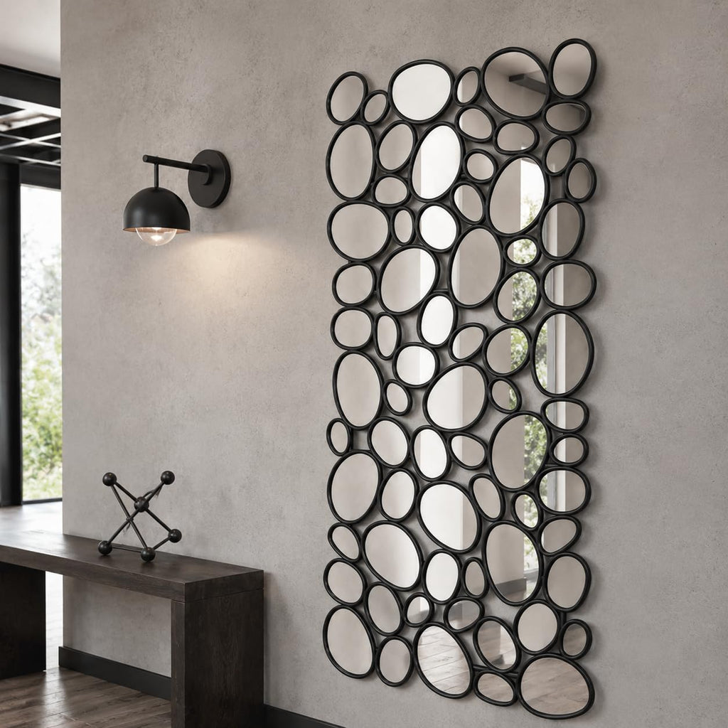 Black Mosaic Wall Mirror, 27.55" x 55" Large Pebble Geometric Decorative Mirror with 71 Irregular Mirror Pieces