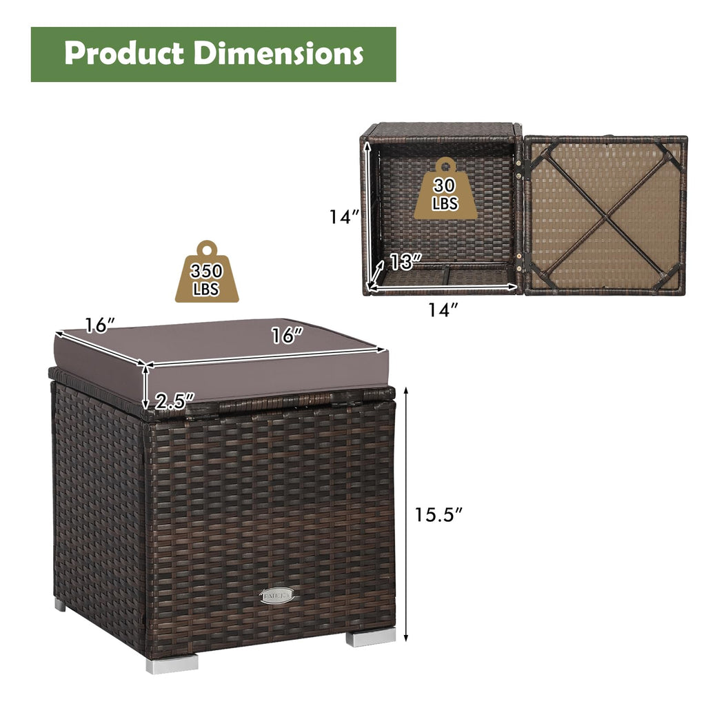 Outdoor Storage Ottoman Wicker 2 Piece, Patio Ottomans PE Rattan Foot Rest Footstool with Cushions for Couch, Chair