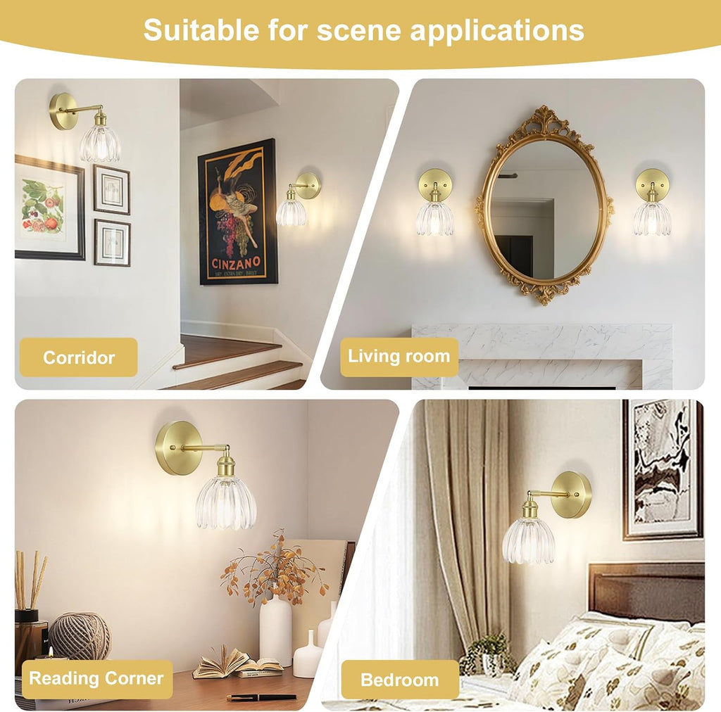 Hardwired wall sconces set of two, Gold Wall Lamp , ETL Listed | Clear Tulip Glass Shade, 90° Adjustable, Not Battery