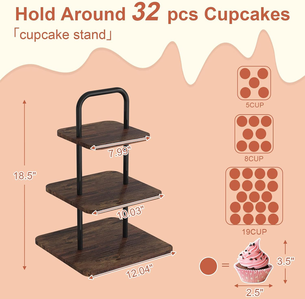 Cupcake Stand, 3-Tier Dessert Stand for 32 Cupcakes, Wood & Metal Tower Display Premium Holder Dessert Tree Tower