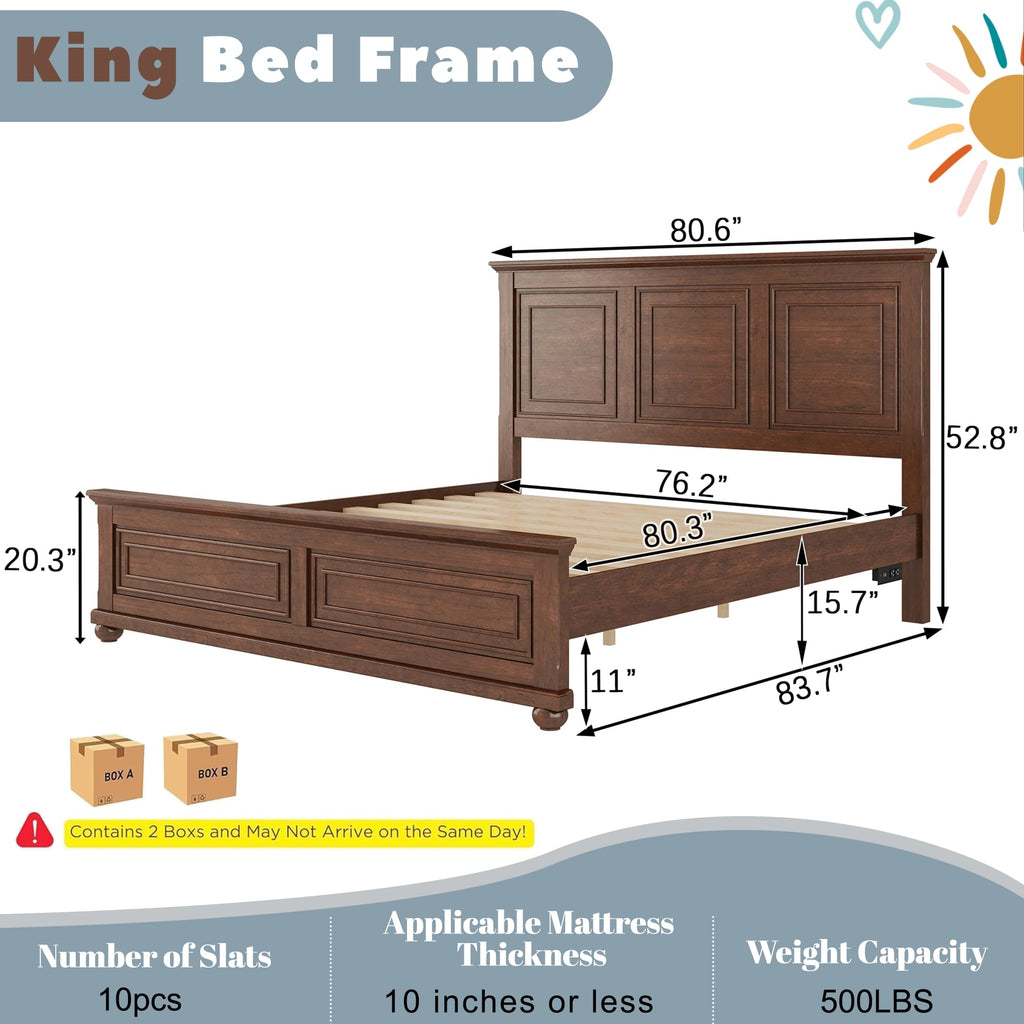 Farmhouse Bed Frame Tall Headboard and Footboard, Pinewood Panel Bed with USB Charging Station and
