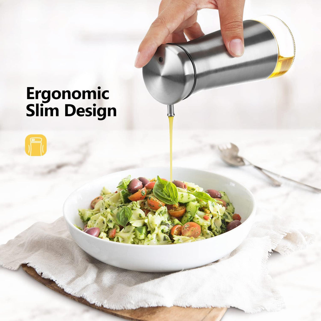 Olive Oil And Vinegar Dispenser Set -2 Pack Elegant Stainless Steel Oil Dispenser Set- Vinegar Bottle with No-Drip - Set of 2