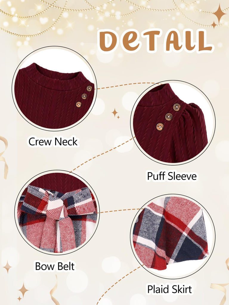 Girls Skirt Sets Fall Outfits Puff Sleeve Crewneck Ribbed Knit Tops and Plaid Skirt Set Kids Fall Winter Clothes
