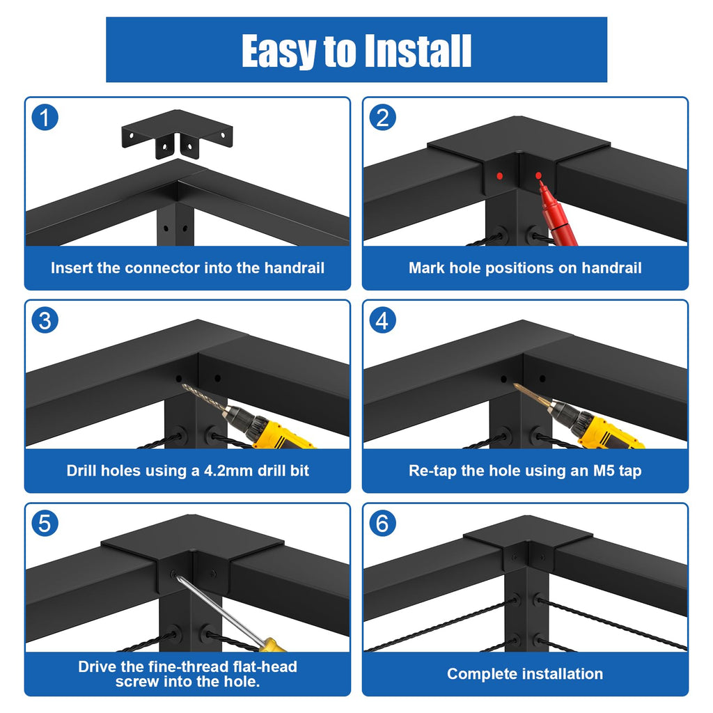 Handrail Connector Fittings, Black Powder Coated Aluminum 90 Degree Sleeve for Deck Stair Cable Railing Rectangular