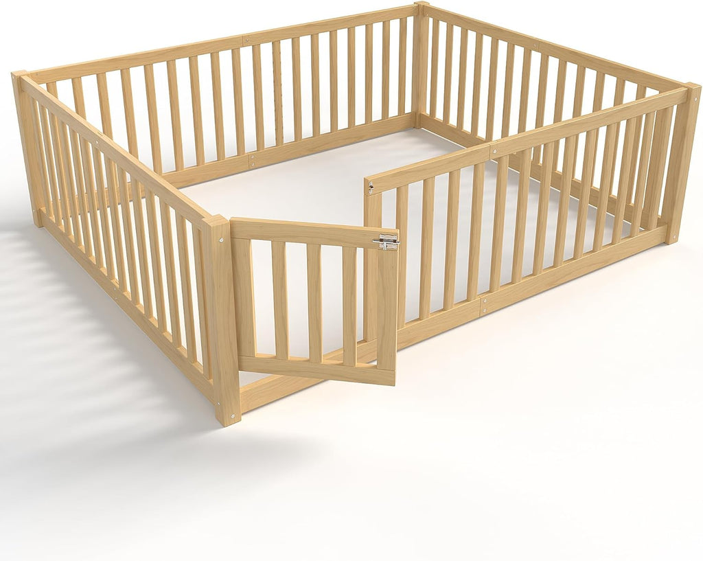 Full Size Kids Montessori Floor Bed with Door,Solid Wood Floor Bed Frame with High Fence for Girls,Boys,Natural