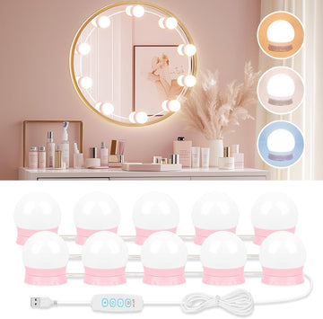 LED Vanity Lights For Mirror, Pink Vanity Light Stick on with 10 Bulbs