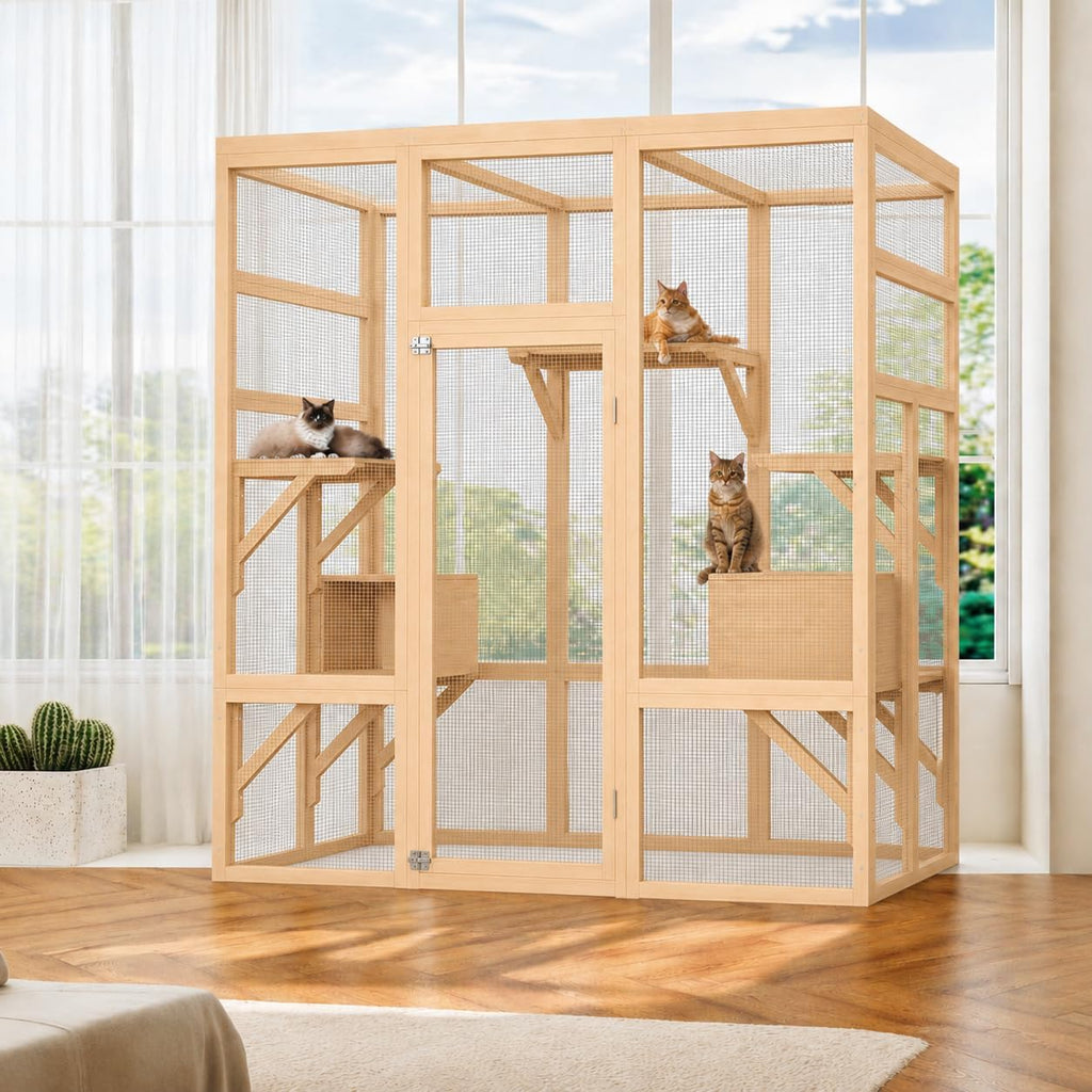 70" Large Catio Indoor Cat Enclosure, Wooden Patio Cat House, Natural