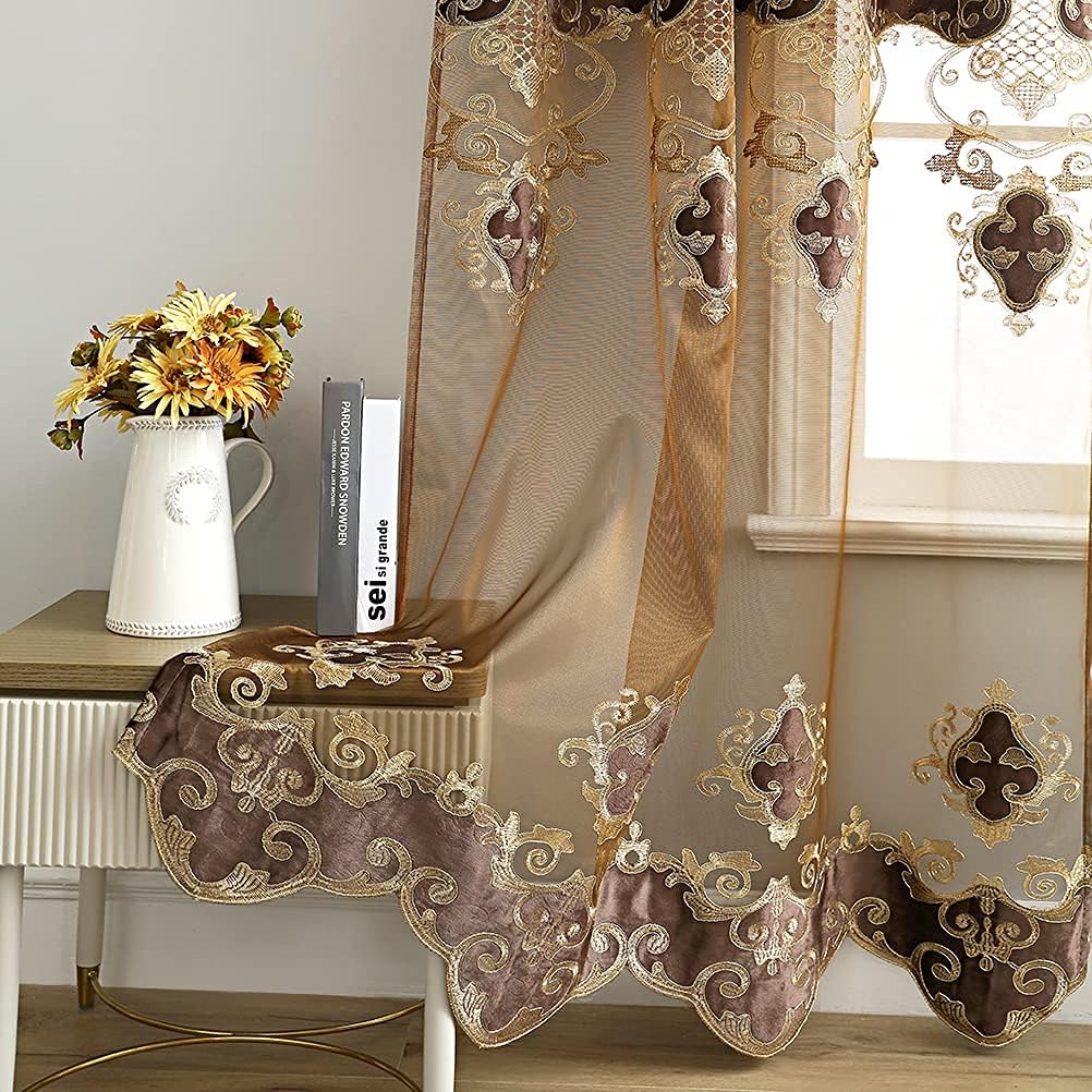Luxury Embroidered Sheer Curtains for Living Room Chocolate Tulle Curtains for Bedroom with Velvet Embroidered