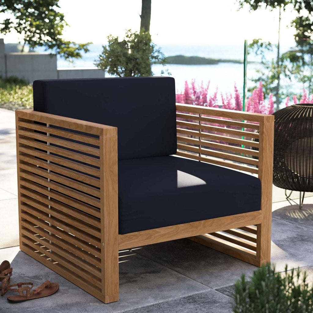 Carlsbad Modern Fabric/Teak Wood Outdoor Armchair in Navy/Natural