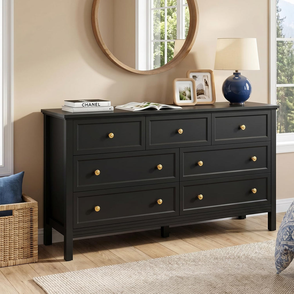 55" Black Dresser with 7 Drawers & Modern Gold Handle
