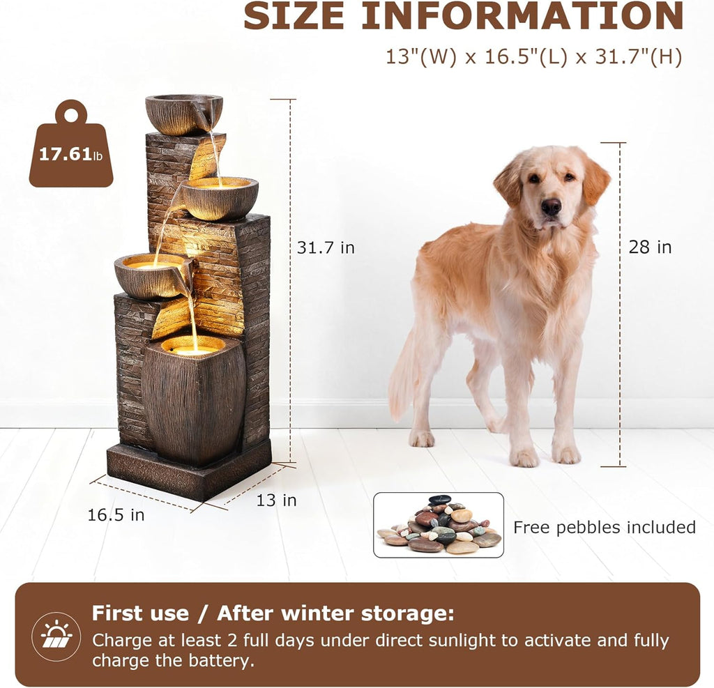 38.2" Tall Solar Powered Water Fountain,4 Tiers Modern Cascading Bowls and Stacked Stones Solar Fountains with LED