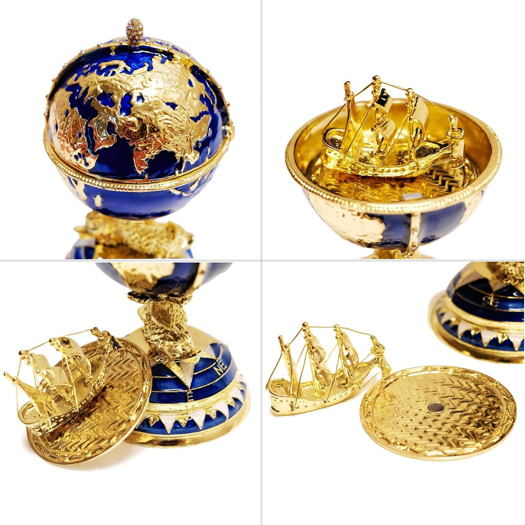 Decorative Globe Jewelry Box, Blue and Gold Enameled Trinket Box, World Map Design