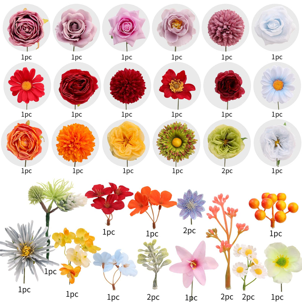 Artificial Combo Box Set, 38pcs Mix Dahlia Silk Roses, Daisy & with Stems for DIY Wedding Bouquets, Bridal Shower