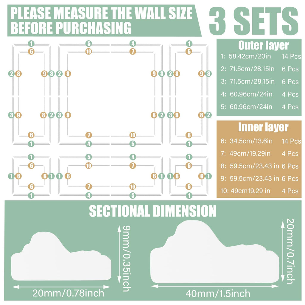 3 Set Peel and Stick Wall Molding Kit Panel, 23x79.3in+48x79.3in