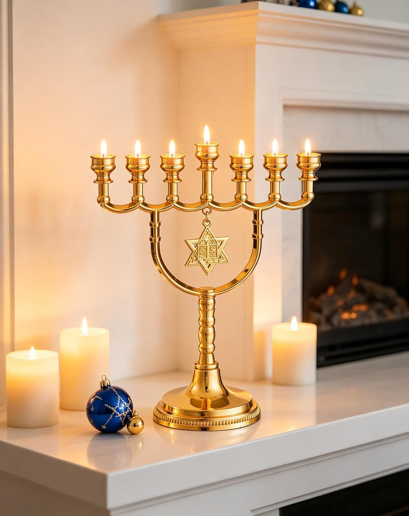 Gold 7 Branch Hanukkah Menorahs Candle Holder with Traditional Star