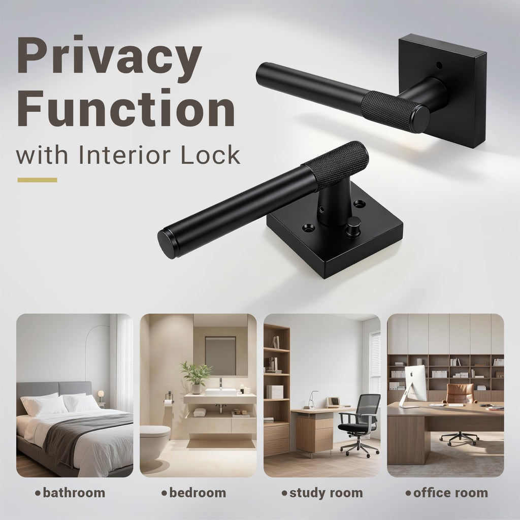 Door Handle Matte Black Finish, Modern Knurled Design Door Knob, Interior Privacy Lock for Left and Right Sided