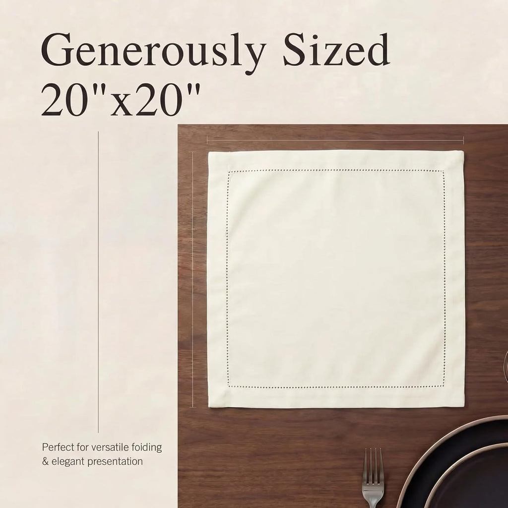 Cloth Napkins Ivory Hemstitch Dinner Napkins Set of 12 (20X20) 100% Cotton Absorbent Washable Durable Reusable Ideal