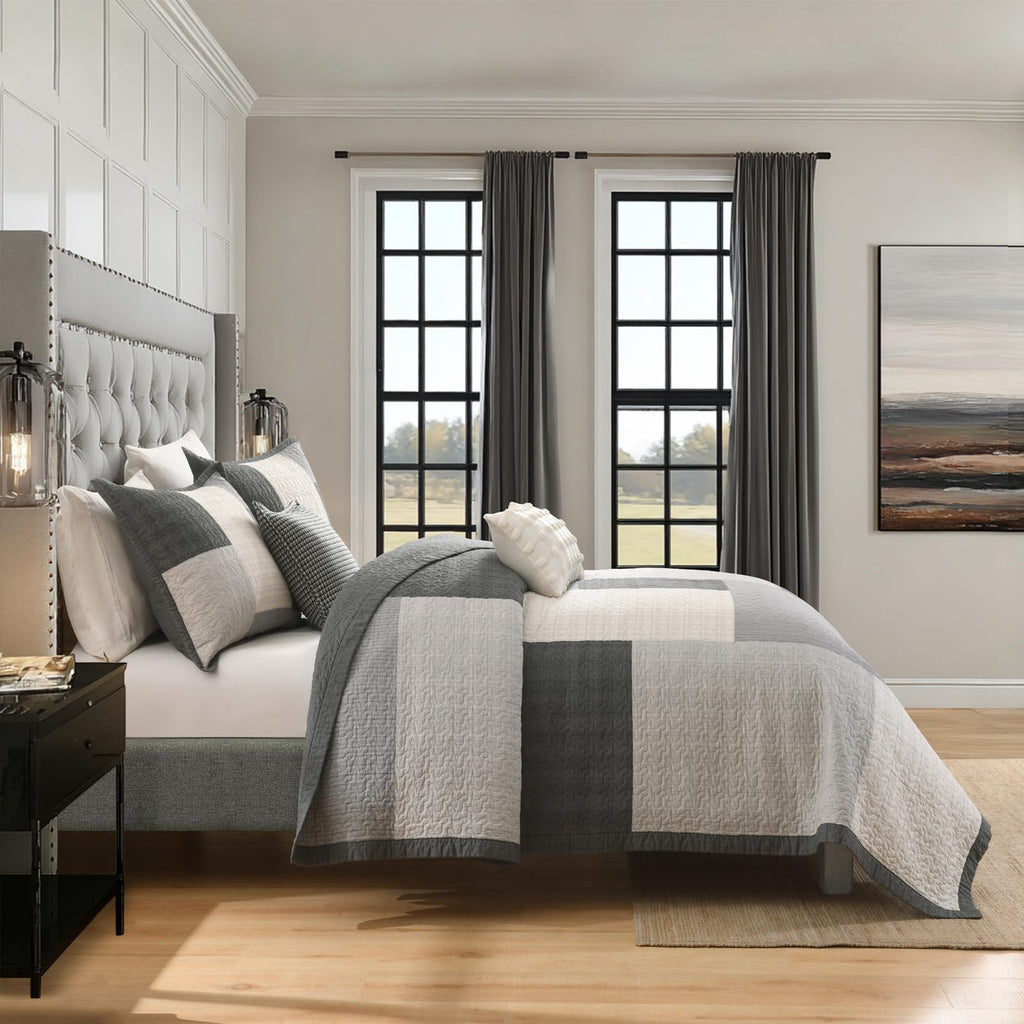 5-Piece Quilt Set, 100% Cotton, Patchwork Comforter Bedding Set, Farmhouse Plaid Quilted Bedspreads