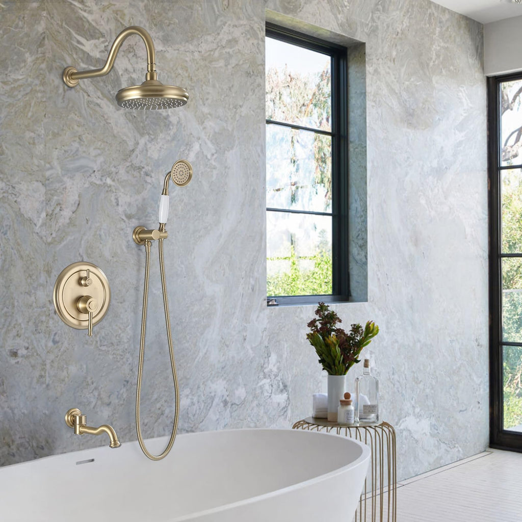 Rainfall Shower System with Handheld Sprayer,Brushed Gold Antique Shower Faucet Sets,Shower Fixture Combo with Brass