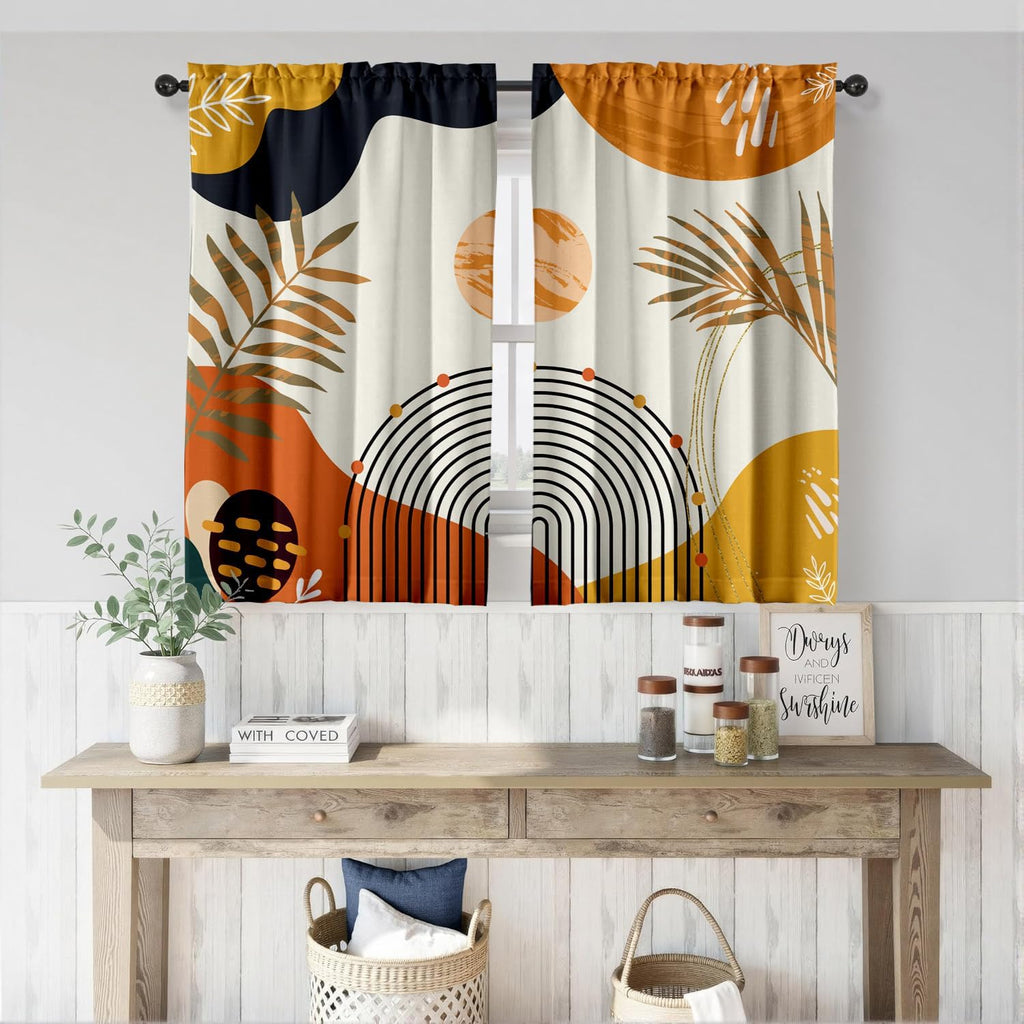 Orange Boho Curtains 39 Inch Mid Century Cafe Drapes for Small Windows Abstract Leaves Rainbow Colorful Modern