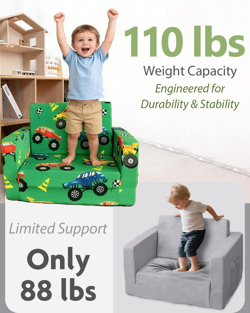Toddler Couch, in-1 Foldable Kids Comfy Chair & Lounger, Monster Truck