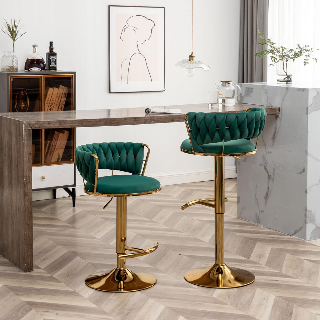 Velvet Bar Stools Set of 3, Counter Height Barstools with Low Back, Gold Swivel Bar Stool Island, Pub (Green)