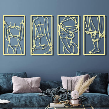 4-Piece Abstract Line Metal Wall Art Print Decor Line Drawing Home Hanging Wall Art Bedroom Wall (Gold) - Set of 4