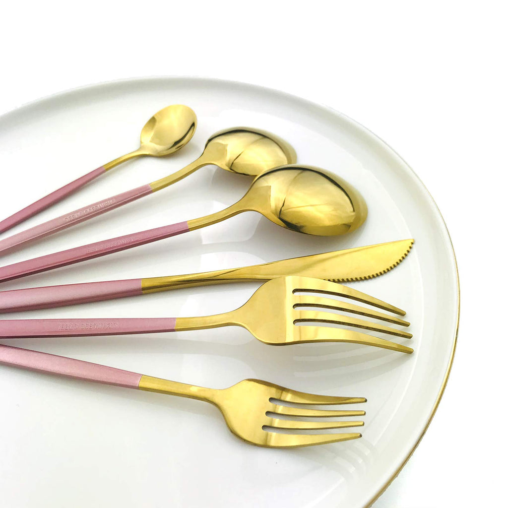 24Pcs Gold Mirror Silverware Flatware With Pink Handle, 18/0 Stainless Steel Cutlery Set Utensils Kitchen Dinnerware