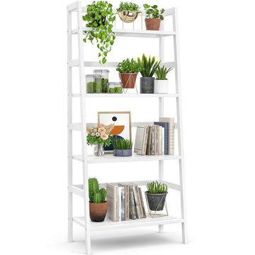 White Ladder Shelf, Bamboo 4-Tier Bookshelf & Bookcase Organizer