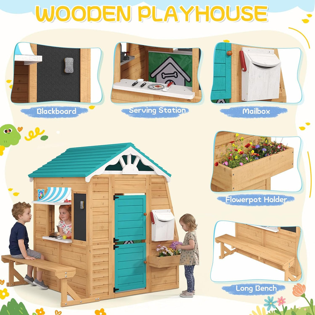 Wooden Kids Playhouse Cottage with Bench, Split Door, Mailbox, Blackboard, Toy Sink & Kitchen Playset, 70.9" x 50.4"