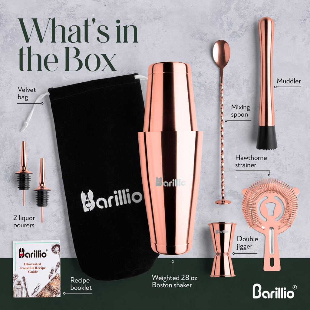 Rose Gold Boston Shaker Set - Stainless-Steel, Weighted Martini Cocktail Shaker Set w/Strainer & Mixer - Mixology - Set of 9