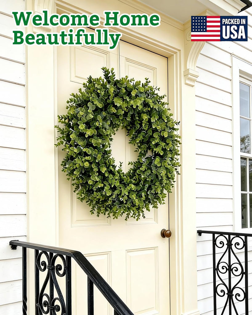 24" Artificial Boxwood Wreaths for Front Door, Aux Round Boxwood Wreath, All Season Indoor Outdoor Decoration - Set of 2