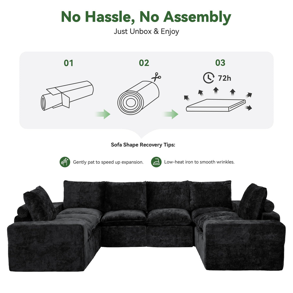 130" U Shaped Modular Sectional Sofa, 8 Seat Cloud Couch, Black
