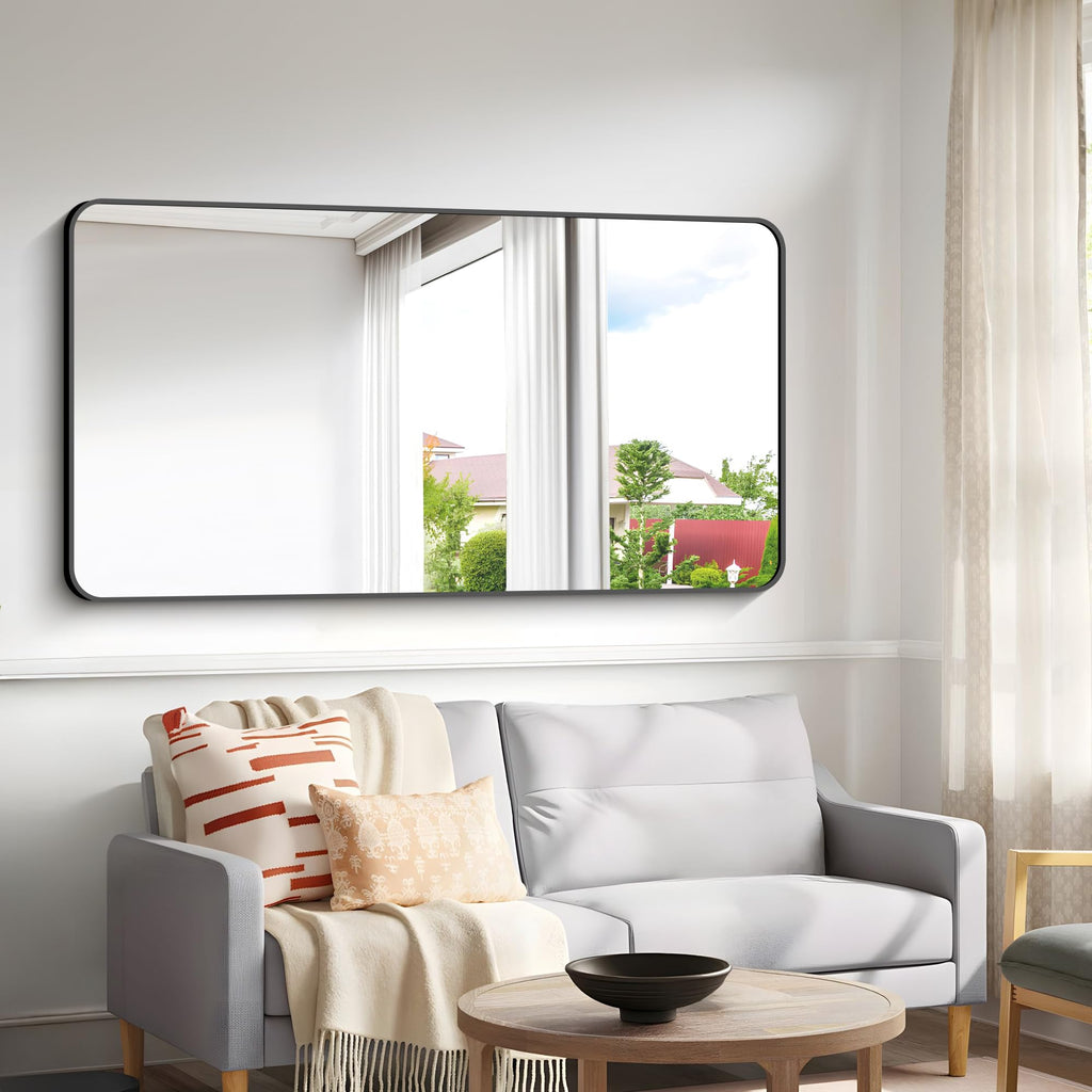 30x60 inch Bathroom Mirror,Black Rectangle Mirror,Wall Mounted Bathroom Frame Vanity Mirror with Round Corner Living