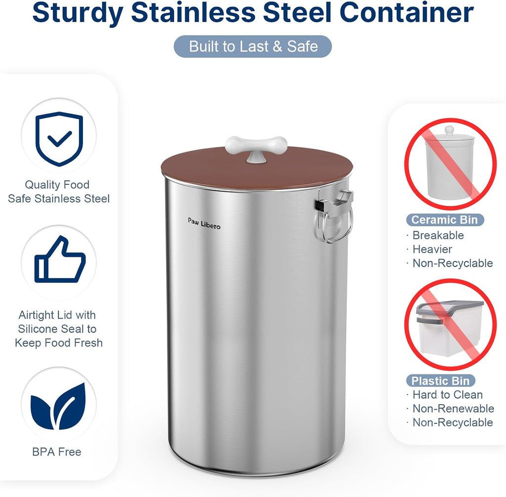 35 Lbs Stainless Steel Dog Food Storage Container with Airtight Lid & Ceramic Bone Handle, Large Metal Dog Food Bin
