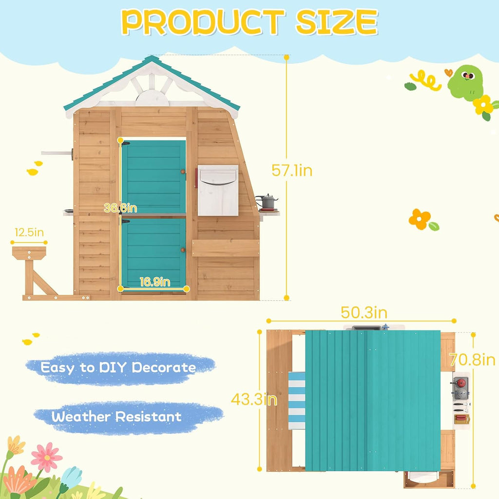 Wooden Kids Playhouse Cottage with Bench, Split Door, Mailbox, Blackboard, Toy Sink & Kitchen Playset, 70.9" x 50.4"