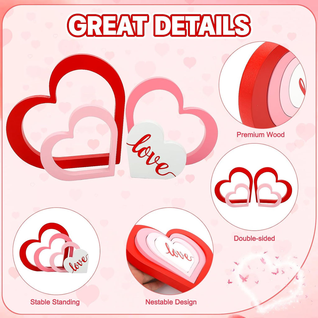 Wooden Hearts Valentine's Day Decorations Indoor, Wood Heart Blocks Tiered Tray Decor, Red Pink White - Set of 4