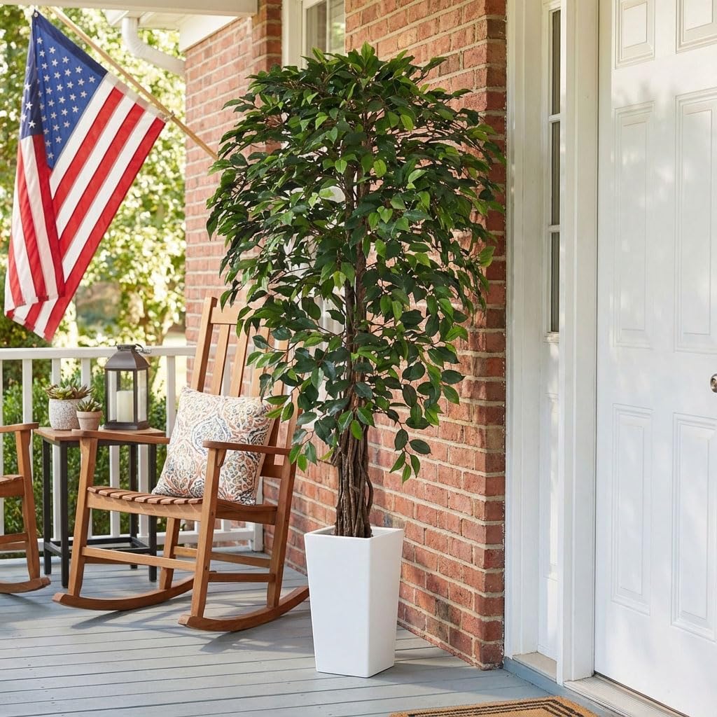 6ft Artificial Ficus Tree Decor with White Pot, 6 Feet Faux Plant Fake Silk Trees Outdoor House Living Room Office