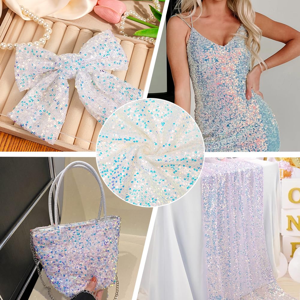 72.05 Inch White Sequin Fabric Hollow Designed Glitter Sparkly Tulle Polyester Paillette Gauze Fabrics for Sewing