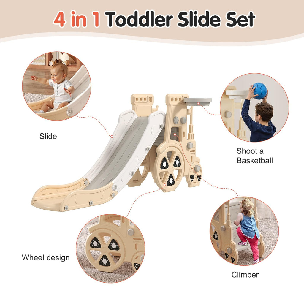 4-in-1 Toddler Slide Playset - Indoor/Outdoor Slide, Basketball Hoop & Climber, Safe Enclosed Steps & Anti-Slip