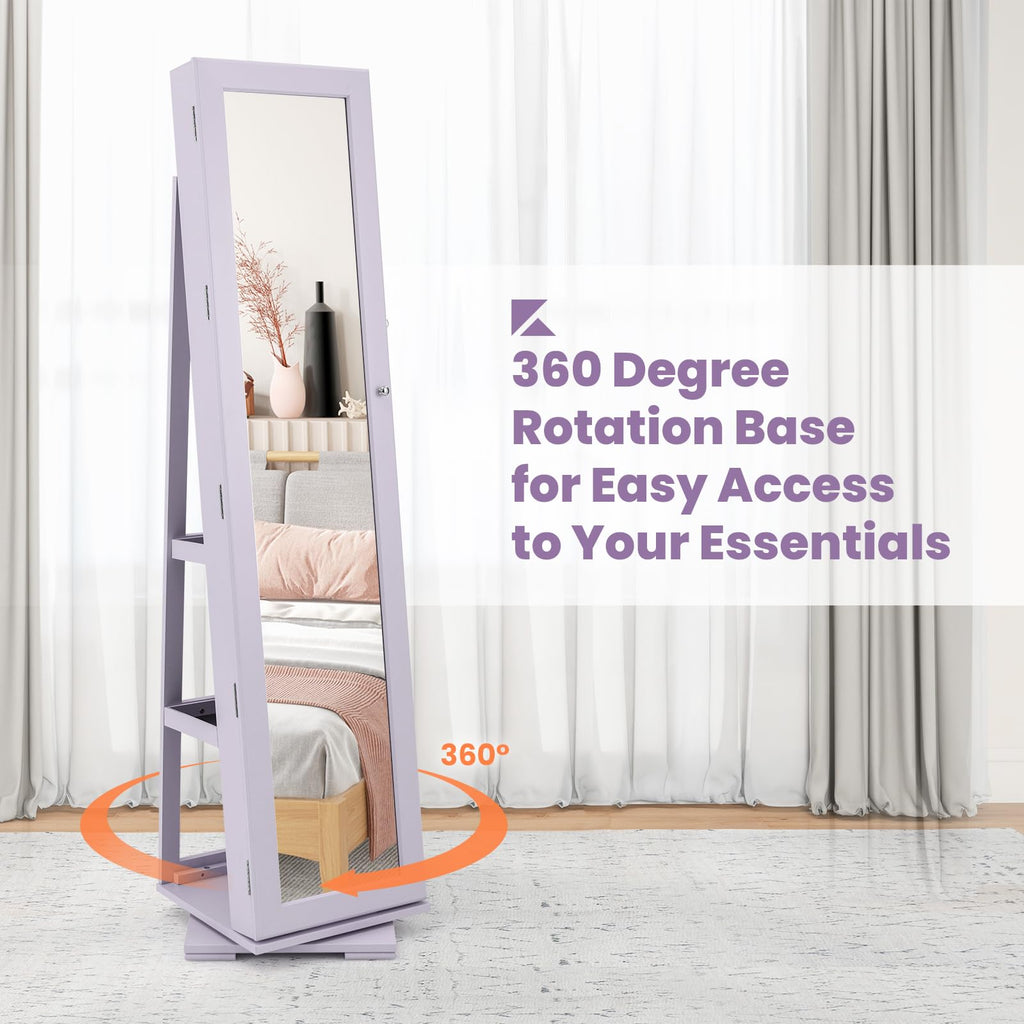 360 Rotating Jewelry Armoire Cabinet, Standing Jewelry Organizer w/Full-Length Mirror & Large Storage Space, Lockable